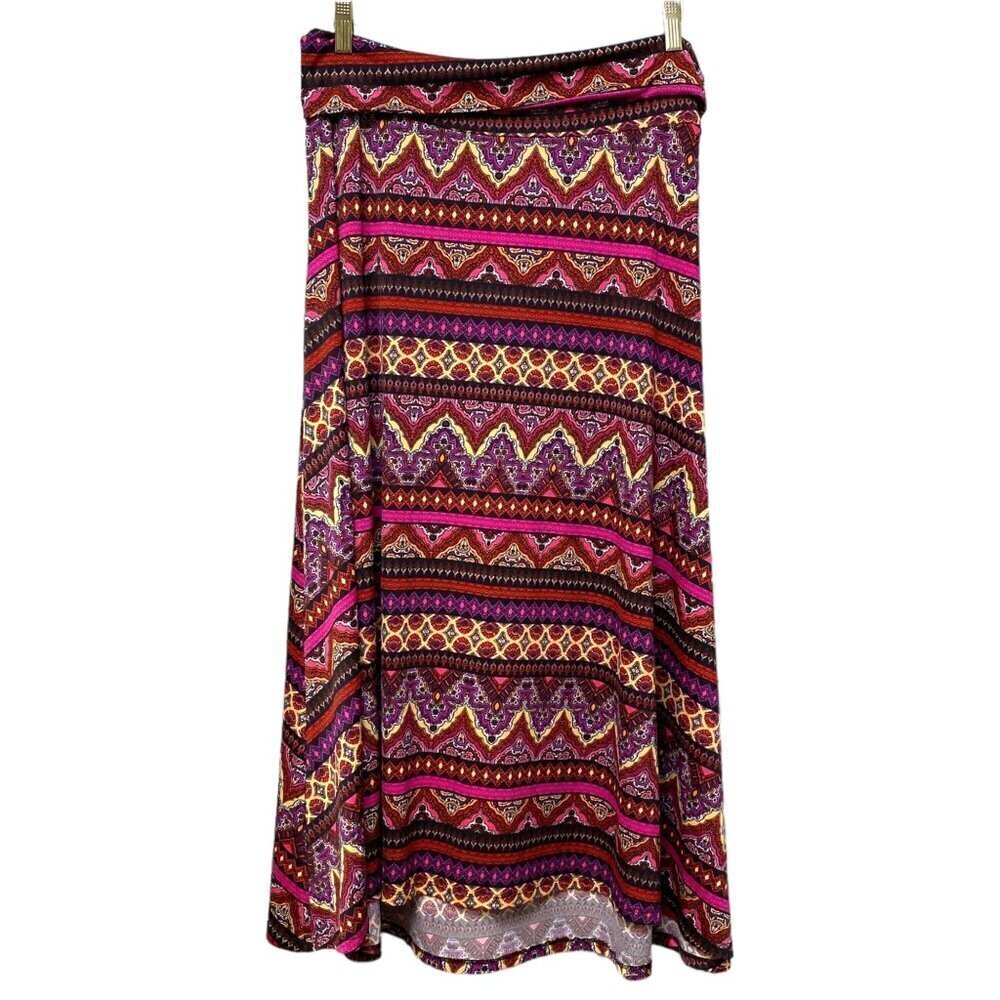 LULAROE Boho Midi Skirt Size Large Stretch Jersey Red Aztec Print Pullon High Lo